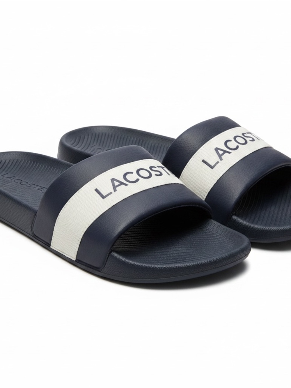 Lacoste Navy and White Slide Sandals with Branded Strap
